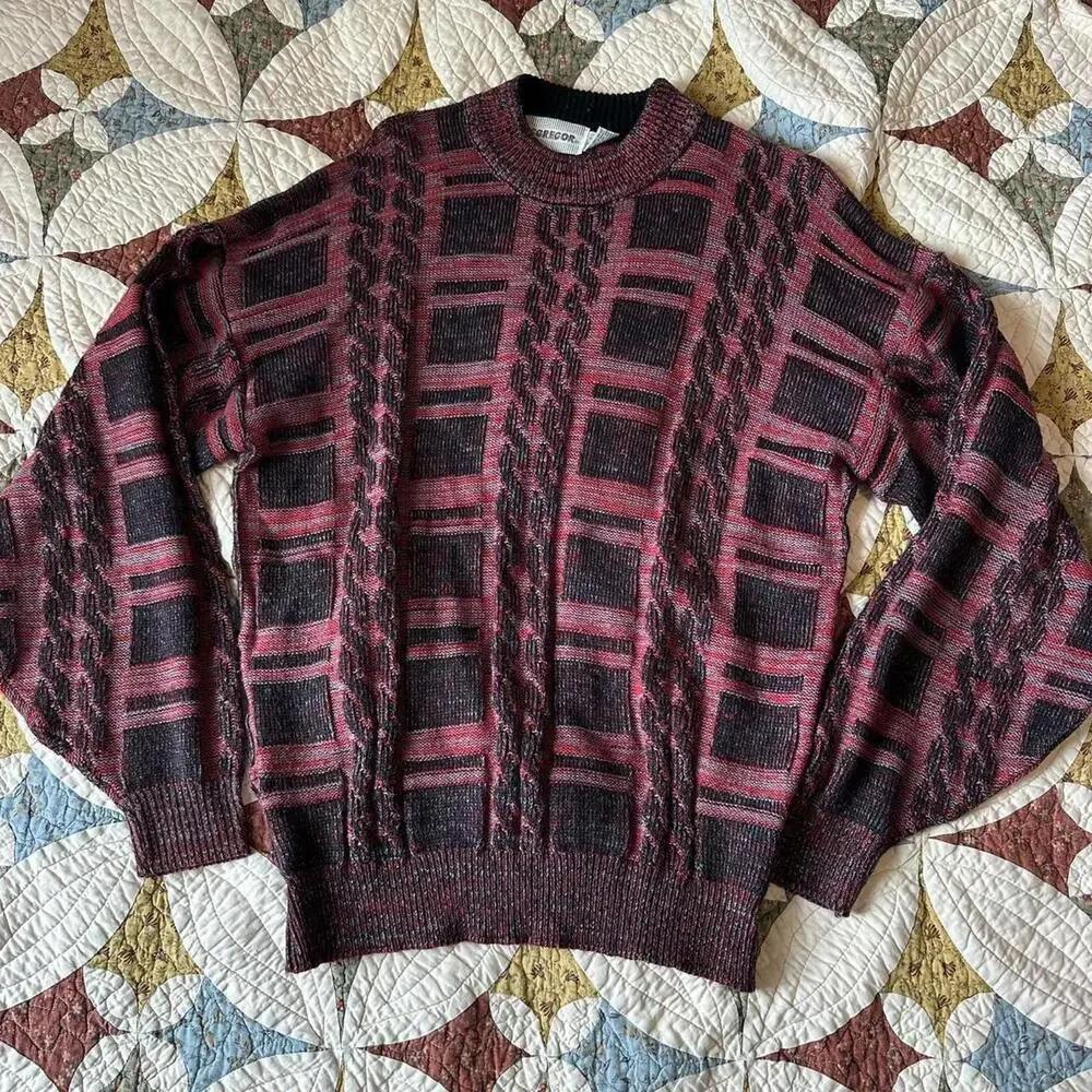 Red & black vintage 80s McGregor cable knit chunky coastal fisherman sweater